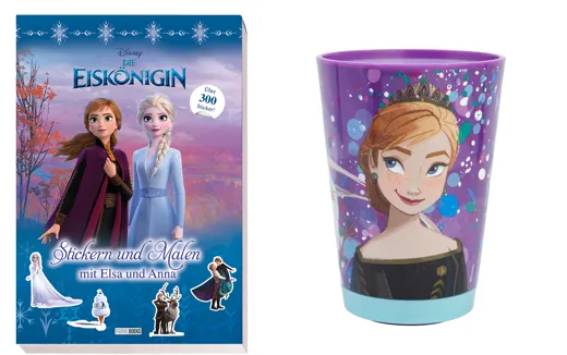 Frozen Geschenkset - Stickerbuch und Becher mit Kippschutz, 470 ml